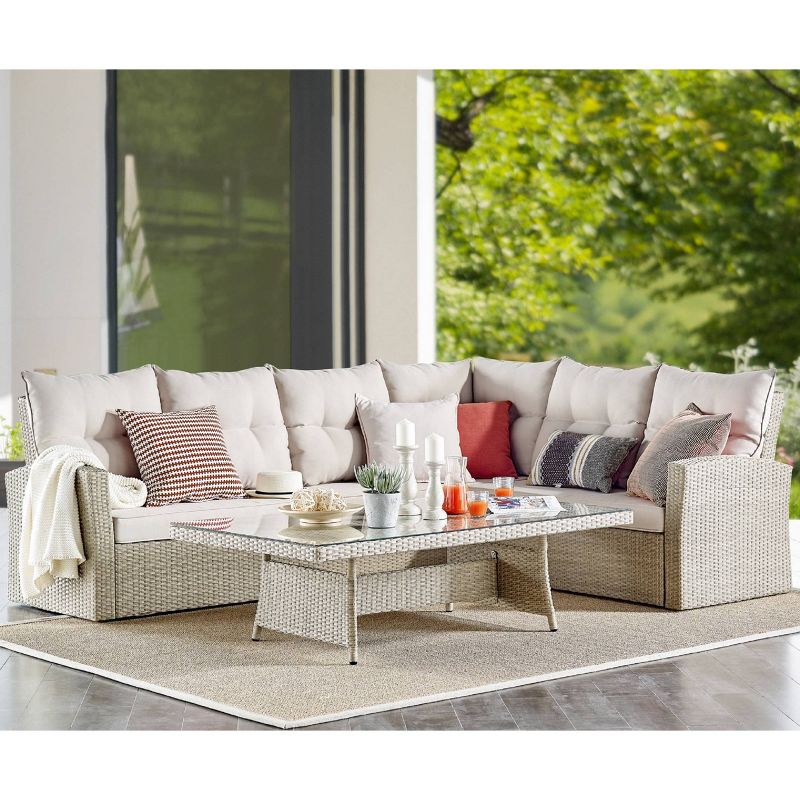 3pc All-Weather Wicker Canaan Large Outdoor Sectional Sofa with Cushions Brown - Alaterre Furniture, 4 of 7