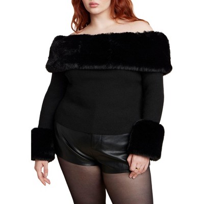 ELOQUII Faux Fur Off The Shoulder Sweater
