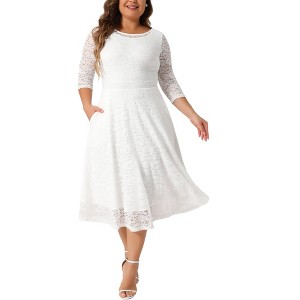 Agnes Orinda Women's Plus Size Floral Lace Round Neckline 3/4 Sleeves Midi A Line Dresses White - 1 of 4