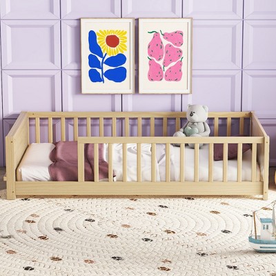 MAYEERTY Twin Floor Platform Bed with Guardrails Beige