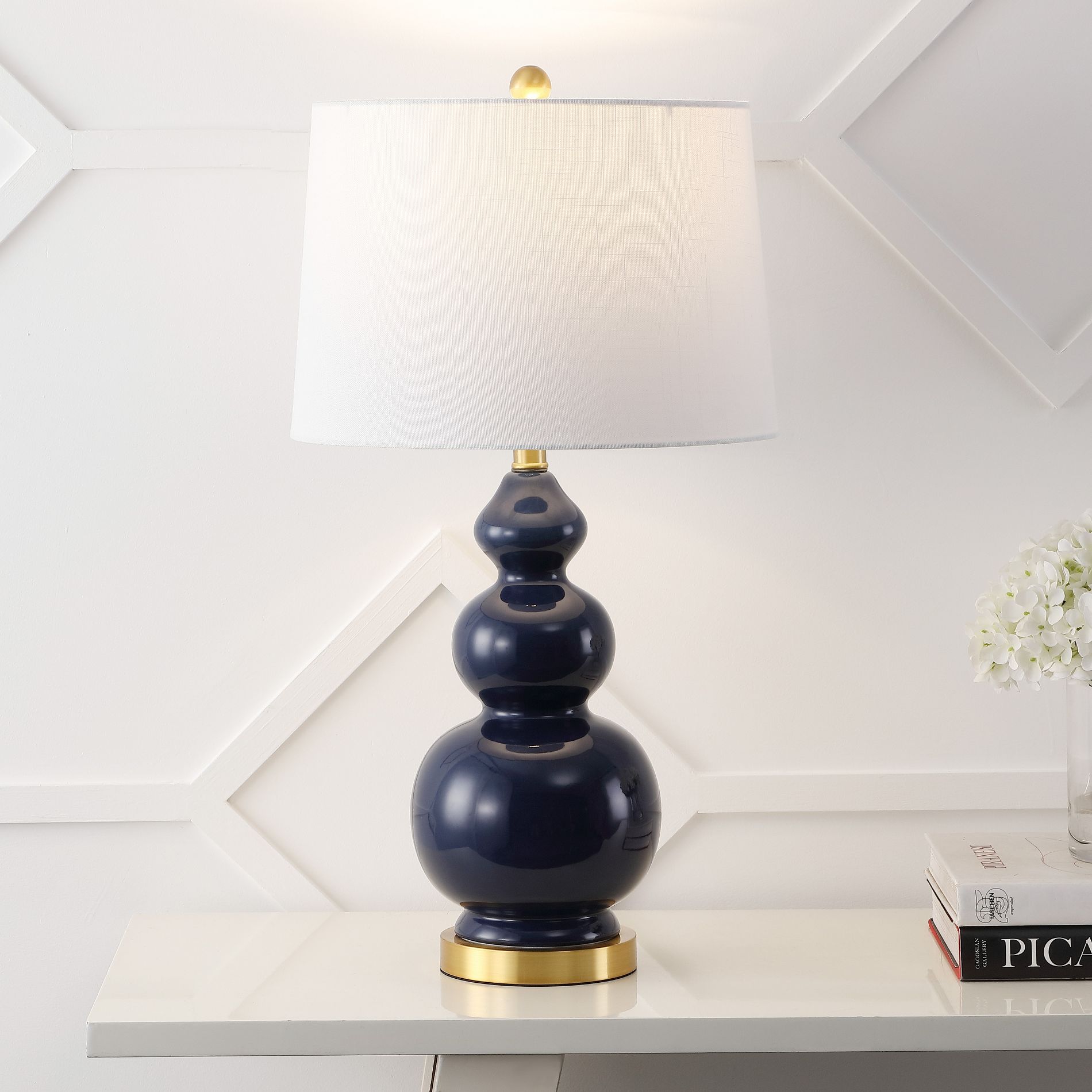 JONATHAN Y Bowen 27.5" Contemporary Transitional Ceramic Gourd LED Table Lamp, Navy/Brass Gold