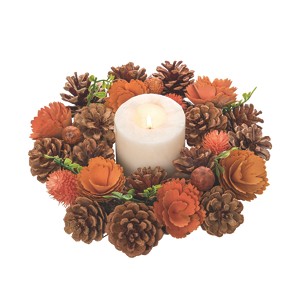 Transpac Foam 10.24 in. Multicolor Harvest Pinecones and Bloom Candle Ring - 1 of 4