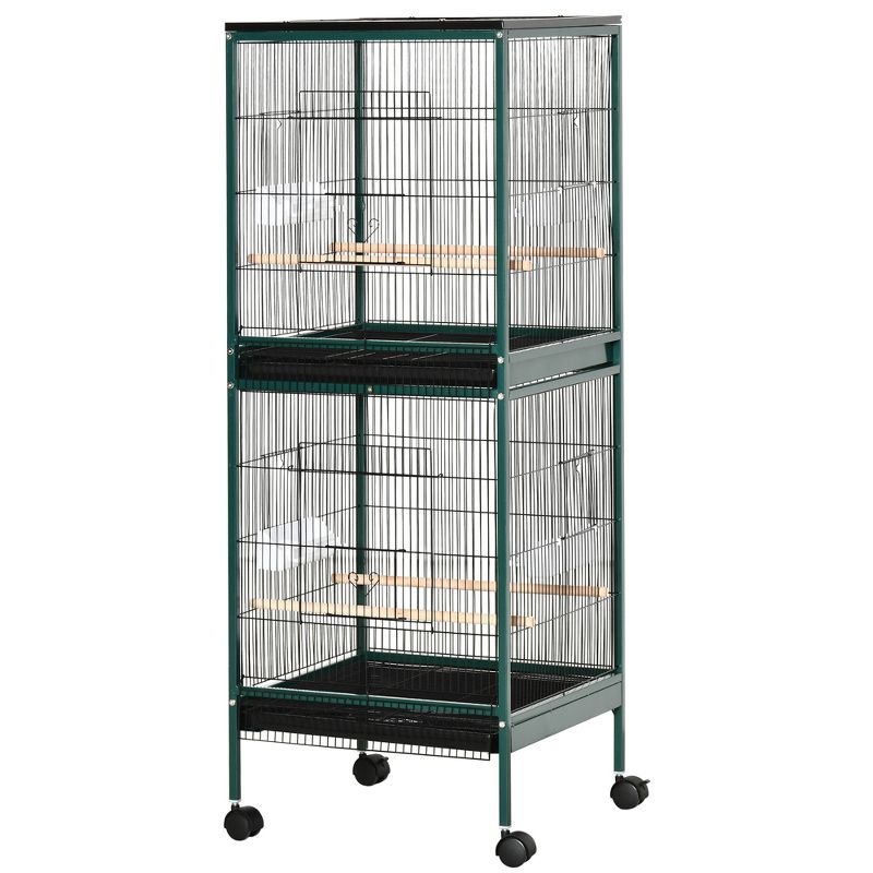 PawHut 55" 2 In 1 Bird Cage Aviary Parakeet House for finches, budgies with Wheels, Slide-out Trays, Wood Perch, Food Containers, 4 of 7