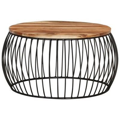 Vintage Round Acacia Wood Coffee Table with Iron Frame