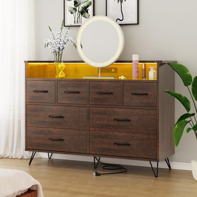 homfan Dresser TV Stand, Dresser for Bedroom Entertainment Center With Storage 8 Drawers Wooden Dressers With Open Space Wide Drawers for Living Room