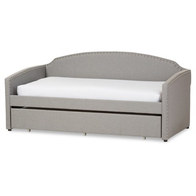 Twin Lanny Modern and Contemporary Fabric Nailhead Trimmed Arched Back Sofa Daybed with Roll Out Trundle Guest Bed Gray - Baxton Studio