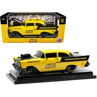 1957 Chevrolet 210 Hardtop Yellow and Black with Graphics Accel Limited  Ed to 2650 pcs 1/24 Diecast Model Car by M2 Machines