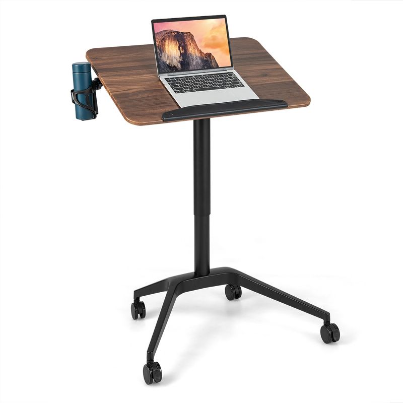 Costway Pneumatic Standing Desk Tilting Adjustable Laptop Cart Mobile Podium Cup Holder, 1 of 11