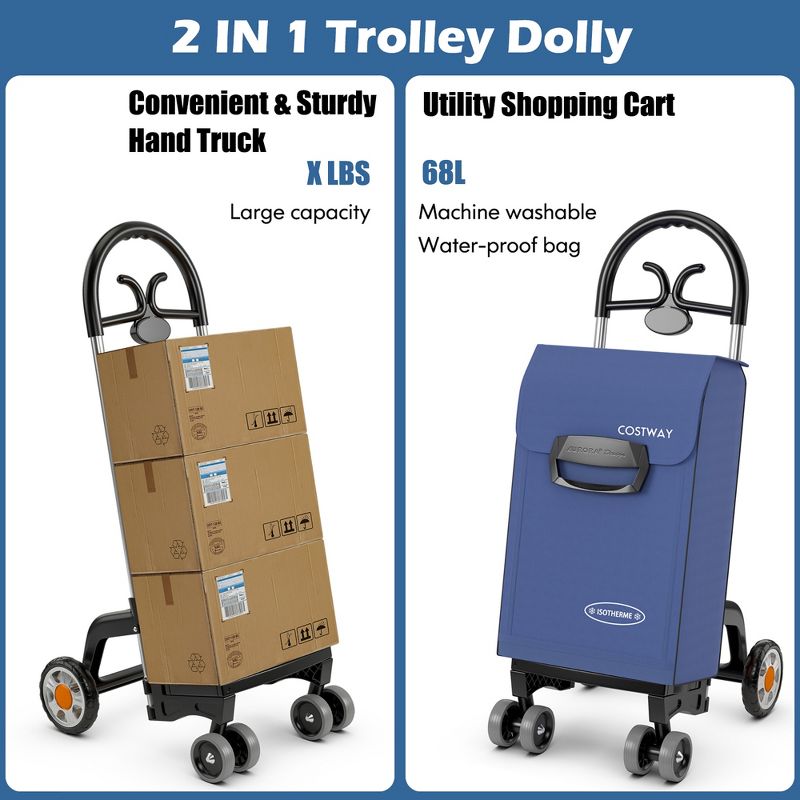 Costway Folding Shopping Cart Utility Hand Truck with Rolling Swivel Wheels, Removable Bag & Cozy Handle, 4 of 10