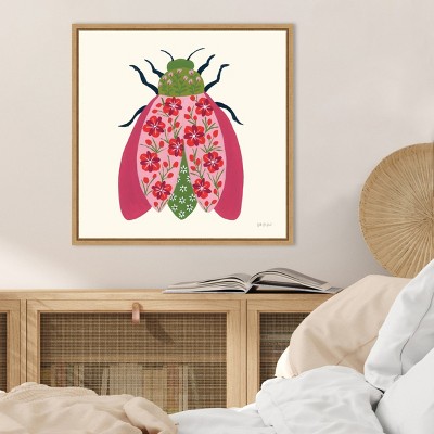 Floral Beetle Lithograph on Canvas with Light Wood Frame