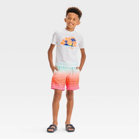 Boys' Short Sleeve Tree Printed & Striped Rash Guard Top & Swim