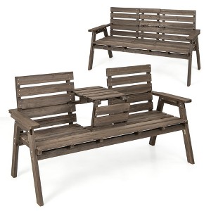 Tangkula Outdoor Fir Wood Bench w/ Foldable Middle Table w/ Backrest & Armrests - 1 of 4