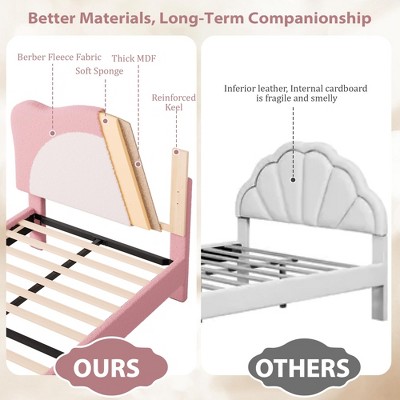 Upholstered Bed Frame for Kids - with Adjustable Chic Scallop Headboard, Cute Velvet Princess Platform Bed for Girls/Kids, Solid Wood Slats Support