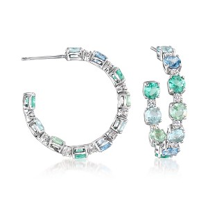 Ross-Simons Rhodium-Plated Hoop Earrings With Simulated Tonal-Blue Gemstones and 4.20 ct. t.w. Czs - 1 of 3