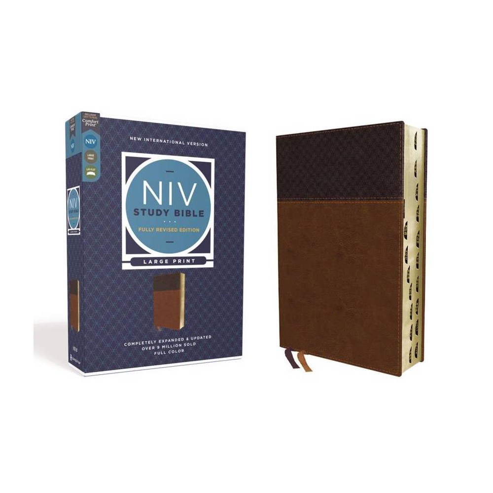 NIV Study Bible, Fully Revised Edition, Large Print, Leathersoft, Brown, Red Letter, Thumb Indexed, Comfort Print - by Zondervan (Leather Bound)
