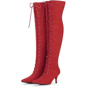 Allegra K Women's Pointed Toe Lace Up Stiletto Heel Over the Knee High Boots - 1 of 4