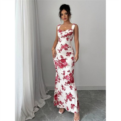 Clotth Women's Floral Prom Dress Cowl Neck Sleeveless Ruched Cocktail Bodycon Party Maxi Dresses Elegant Casual Long Fshtail Dress, White