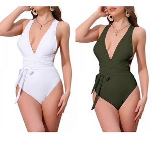 INSPIRE CHIC Women's Deep V Neck Criss Cross Tummy Control High Cut Swimwear Monokini Bikini Suits 2 Sets - 1 of 4