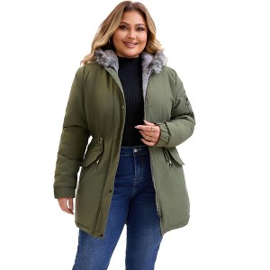Agnes Orinda Women's Plus Size Waterproof Fur Hood Drawstring Waist Zipper Fleece Lined Winter Warm Parka Jacket with Pockets - 1 of 4