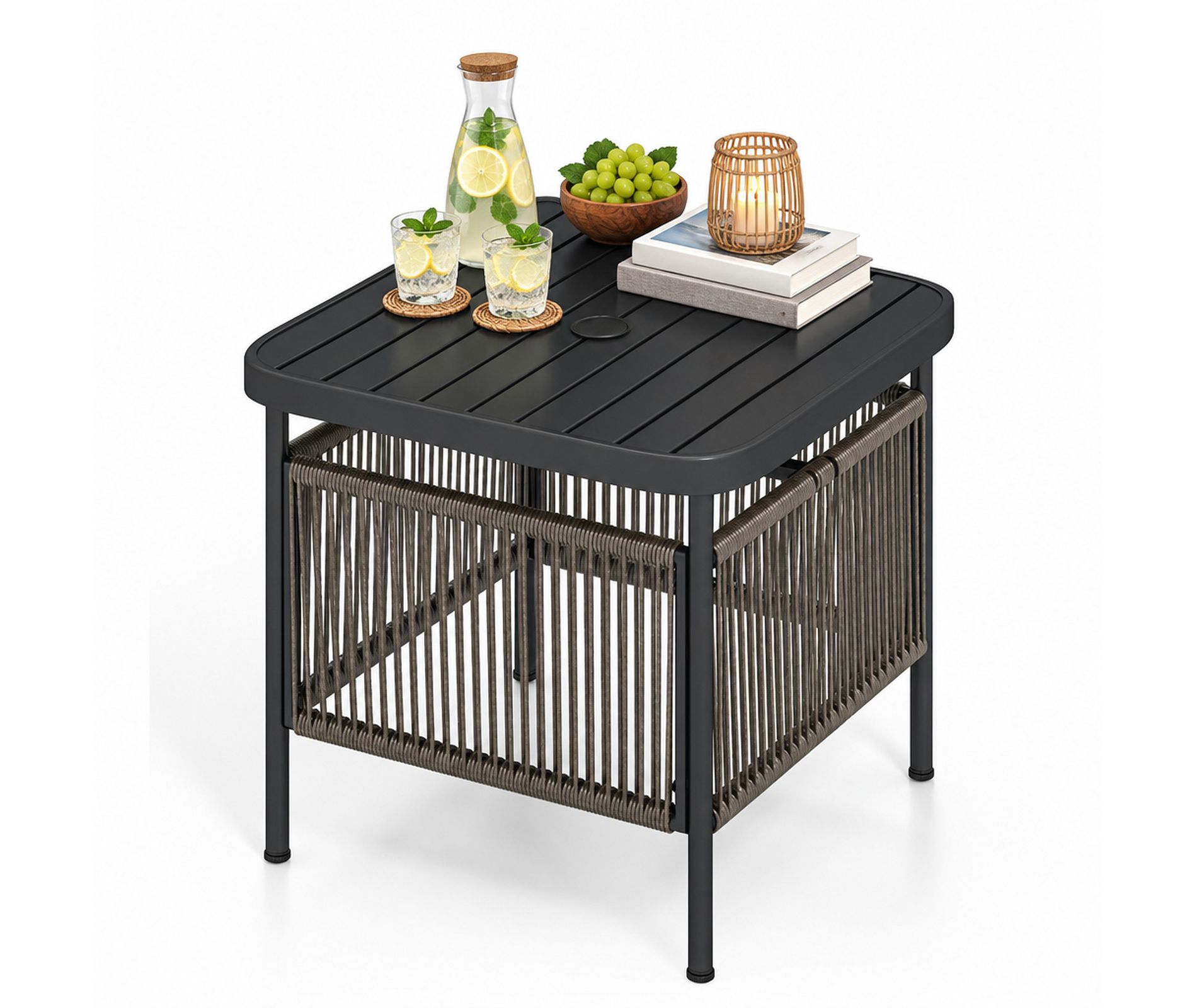 Small Outdoor Side Table with Umbrella Hole and 2-Tier Storage Shelf Metal Patio Table