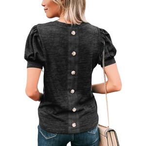 Amaryllis Women's Heather Knit Top Puff Sleeves Back Button Detail Casual Elegant Versatile Comfortable Essential - 1 of 4