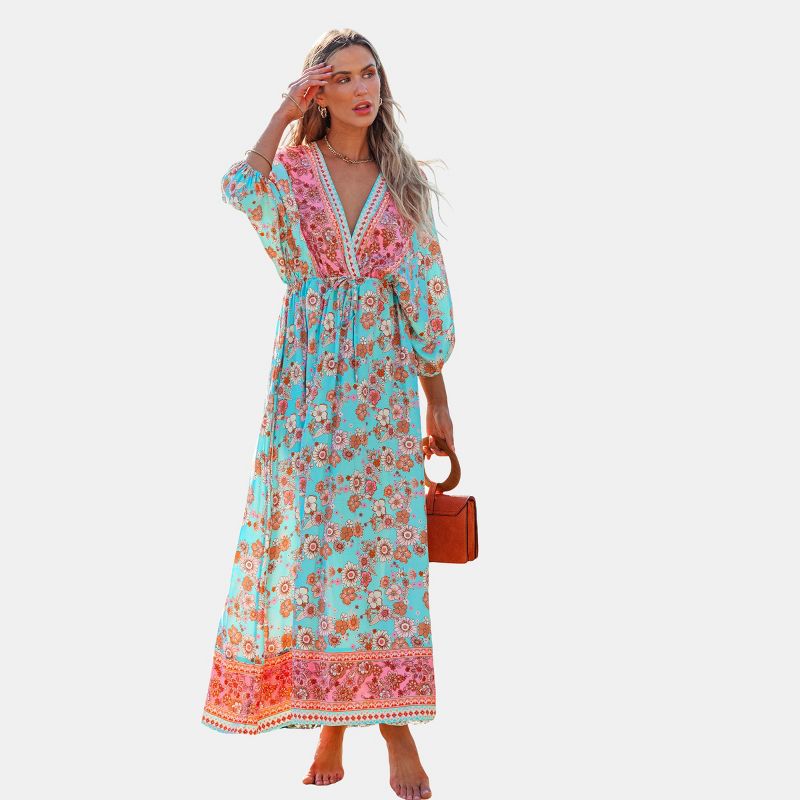 Women's Teal & Pink Plunging Bubble Sleeve Maxi Dress - Cupshe, 1 of 6