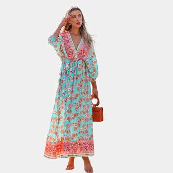 Women's Teal & Pink Plunging Bubble Sleeve Maxi Dress - Cupshe