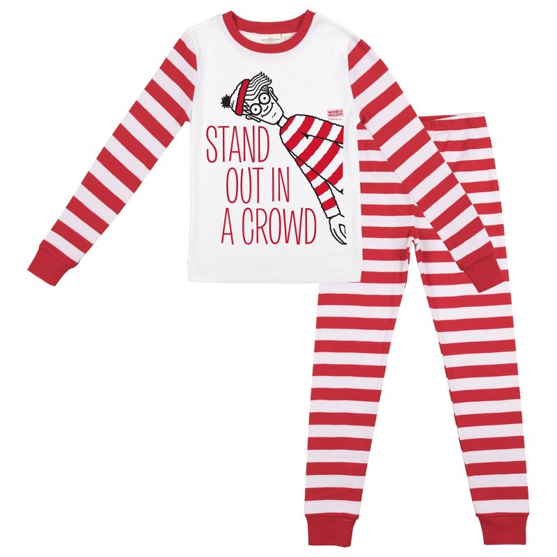 Where's Waldo Stand Out In A Crowd Youth Girls Long Sleeve Shirt & Red & White Striped Sleep Pajama Pants Set, 1 of 5