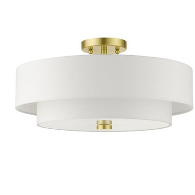Satin Brass 4-Light Indoor/Outdoor Semi-Flush Drum Mount with Off-White Shade