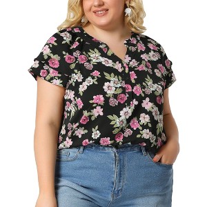 Agnes Orinda Women's Plus Size Floral Ruffle Trim V Neck Button Layered Sleeve Blouses - 1 of 4