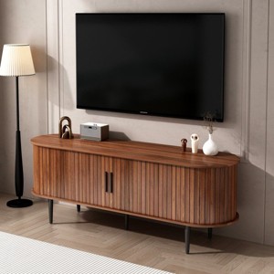 Modern MDF Storage TV Stand with Sliding Door,Mid Century TV Console Table for Living Room,Walnut TV Stand Cabinet with Fluted Design-Coolbibila - 1 of 4