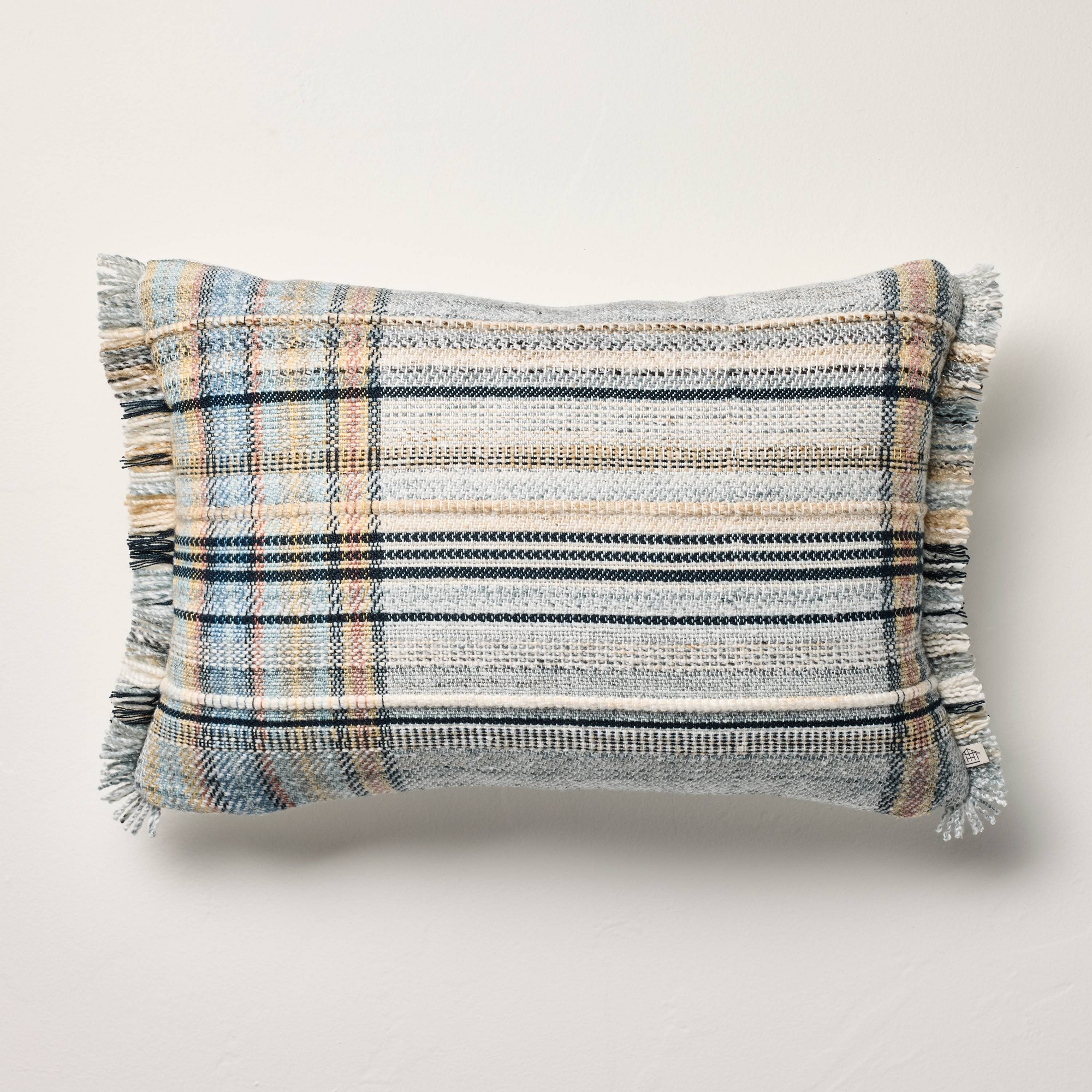 14"x20" Plaid Fringe Lumbar Throw Pillow Blue - Hearth & Hand™ with Magnolia