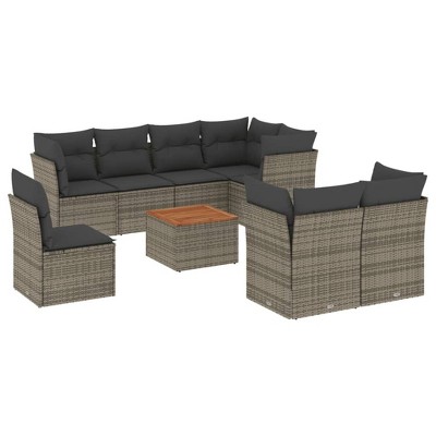 vidaXL 9 Piece Patio Sofa Set with Cushions Gray Poly Rattan - 5x Corner + Table + 3x Middle