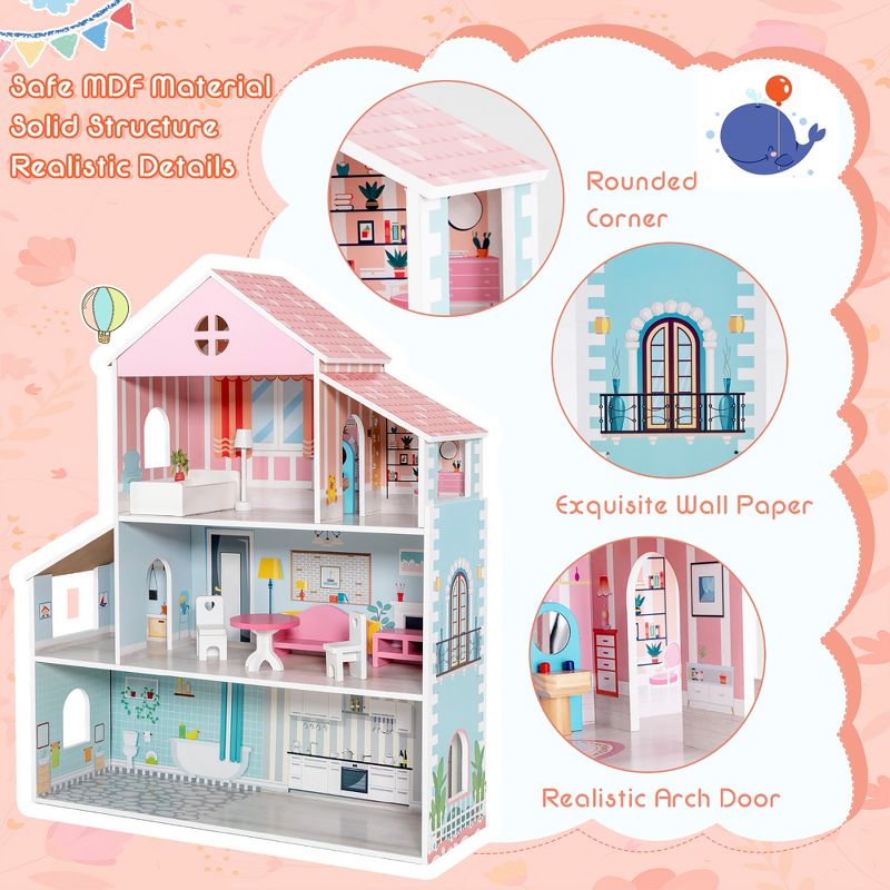 Costway Wooden Dollhouse For Kids 3-Tier Toddler Doll House W/Furniture Gift For Age 3+, 4 of 11