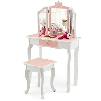 Costway 2 in 1  Kids Vanity Table and Chair Set with Drawer &Detachable Tri-Folding Mirror and Stool for Toddlers & Kids Pink/Blue