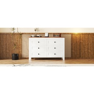 VYNXARIA Retro Farmhouse Wooden Dresser with 6 drawers offers stylish storage for your bedroom. Elegant white and brown finish enhances any decor. - 1 of 4