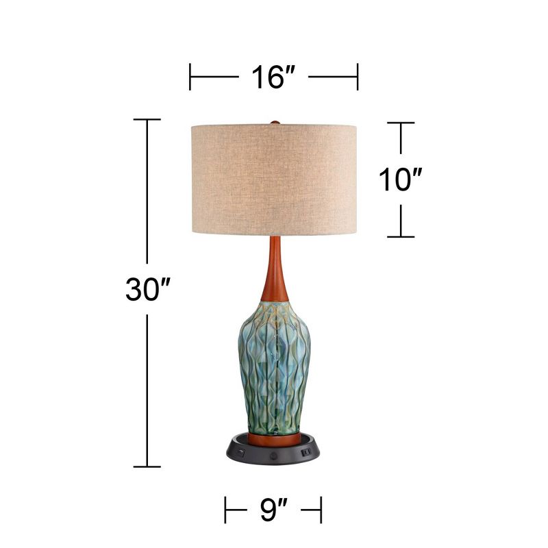 360 Lighting Rocco Modern Mid Century Table Lamp 30" Tall Blue Teal Ceramic with Dimmable USB Workstation Base Linen Drum Shade for Living Room Home, 4 of 8
