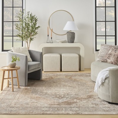 Beige Medallion Washable Synthetic Rectangular Area Rug 6'7" x 9'