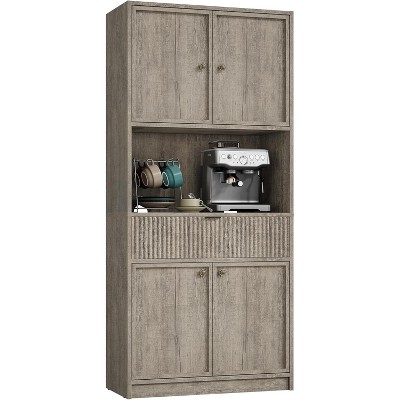 70" Tall Pantry Cabinet with Countertop, Fluted Storage Hutch with Microwave Shelf & Drawer for Kitchen, Dining Room Organization