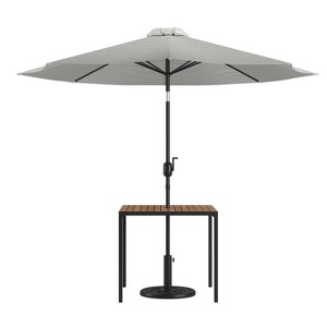 Merrick Lane Square Faux Teak Outdoor Dining Table with Powder Coated Steel Frame, 9' Adjustable Umbrella and Base - 1 of 4