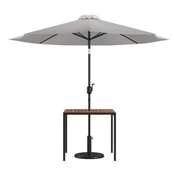 Merrick Lane Square Faux Teak Outdoor Dining Table with Powder Coated Steel Frame, 9' Adjustable Umbrella and Base