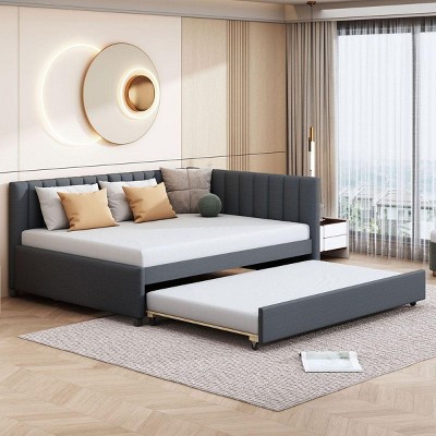Streamdale Full Size Upholstered Daybed with Trundle Sofa Bed Frame No Box Spring Needed, Linen Fabric(Gray)