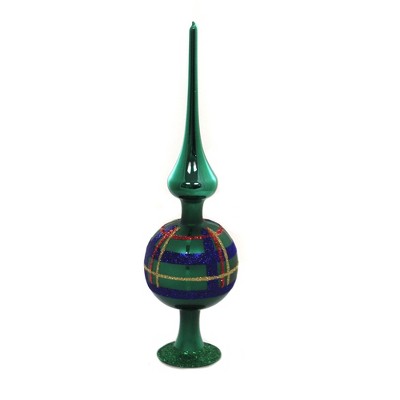 Inge Glas 10.0" Forest Green Plaid Finial Tree Topper Free Standing  -  Tree Toppers