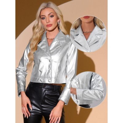 Allegra K Women's Double-breasted Long Sleeve Notch Lapel Y2K Disco Jacket Small Silver — фото 2