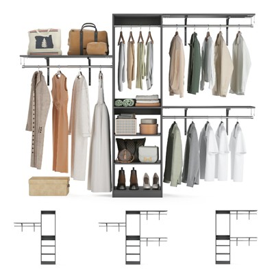 FURNIinspire Garment Racks Wood Closet Organizer System, Garment Racks Sets Closet Storage With 6 Shelves, 3 Expandable Rods, Gray, 96"*16"*75"