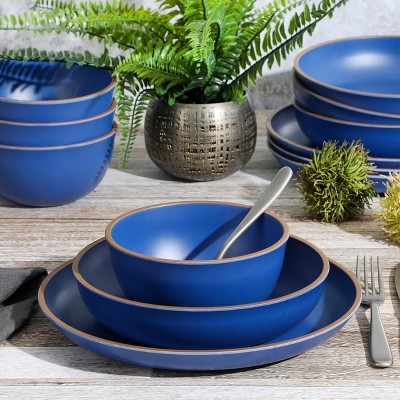 Matte Blue Melamine 12-Piece Double Bowl Dinnerware Set