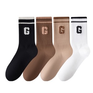 Anna-Kaci Women's 4-Pair Pack Ribbed Cotton Crew Socks with Striped Cuffs and G Letter Detail in Neutral Athletic Color Combinations - 1 of 4