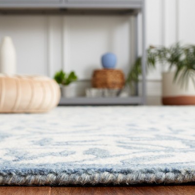 Ivory and Blue Floral Hand-Tufted Wool Square Rug