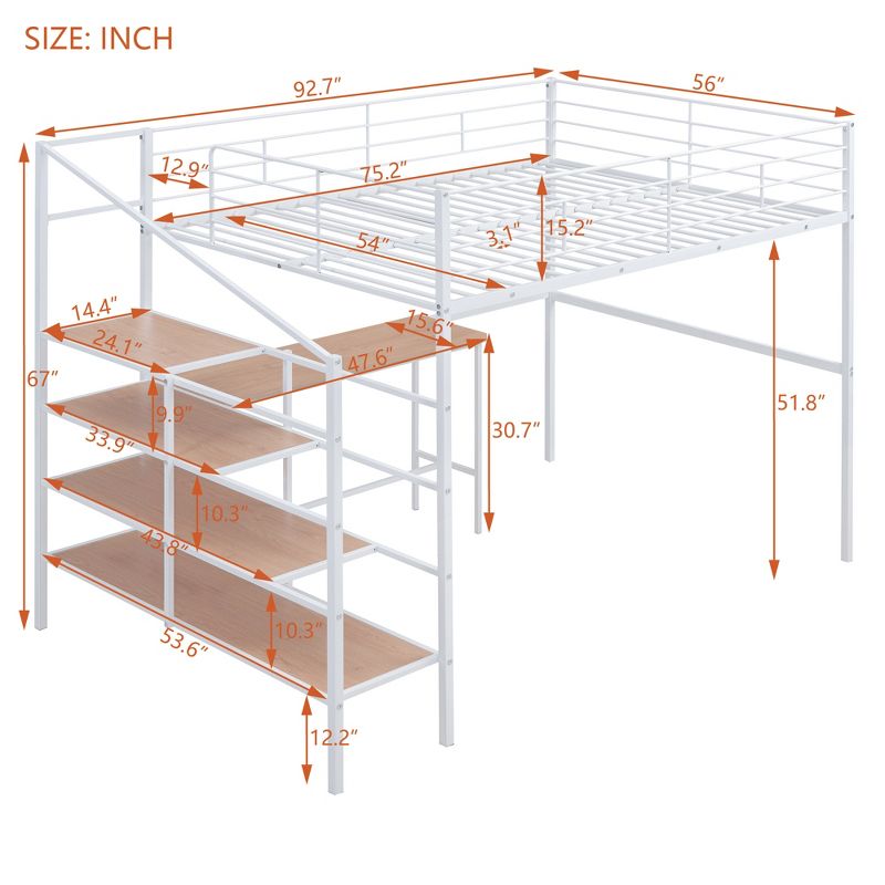 Full Size Metal Loft Bed with Desk and Lateral Storage Ladder - ModernLuxe, 3 of 11