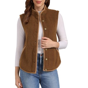 Allegra K Women's Fleece Contrast Color Button Down Sleeveless Fuzzy Jacket Vest with Pockets - 1 of 4